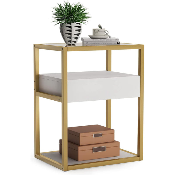 Tall Metal Tempered Glass Nightstand Side Table with Drawer and Shelf.