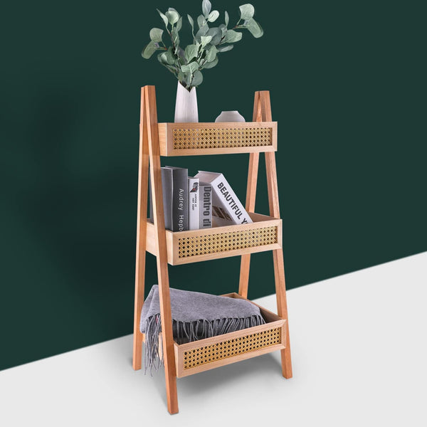 Ladder Bookshelf, 3-Tier Rattan Wood Bookshelf.