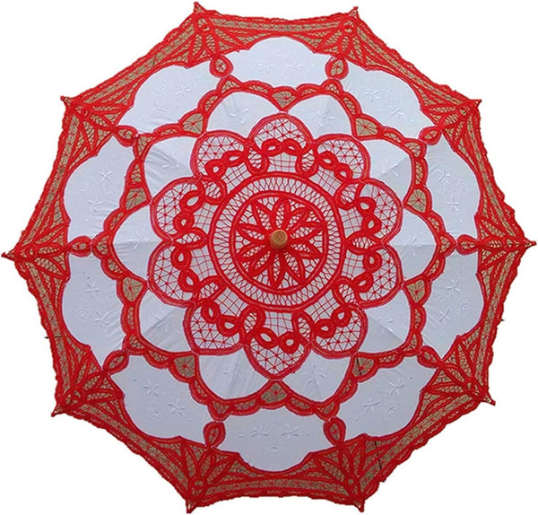 Vintage Lace Parasol Bridesmaids Umbrella (Color : Red and white) Wooden Handle