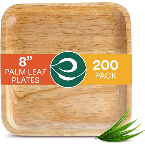 ECO SOUL 100% Compostable 8 Inch Square Palm Leaf Plates [200-Pack] I Premium Disposable Plates Set I Heavy Duty Eco-Friendly Bamboo Plates Disposable I Square Disposable Plates