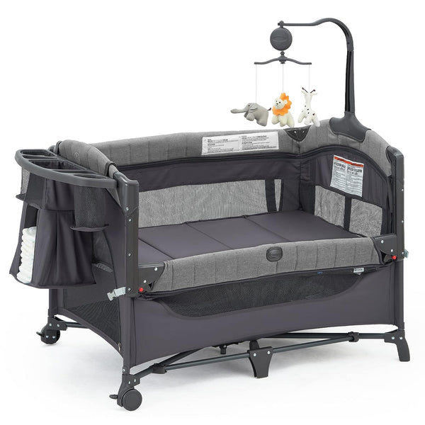 Baby Bedside Bassinet Sleeper, 5-in-1 Baby Playard with Changing Table & Storage Shelf with Soft Toys (Grey)