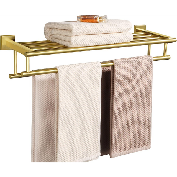 Toallero con barra doble, soporte de pared para baño, acero inoxidable SUS 304, acabado en oro cepillado, 24 pulgadas